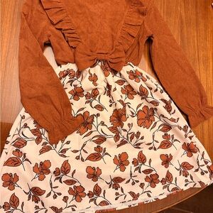 Size 8 girls brown/white ribbed ruffle dress with long sleeves & floral skirt